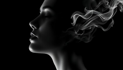 Woman's Profile with Smoke Emerging from Head in B& W image photo