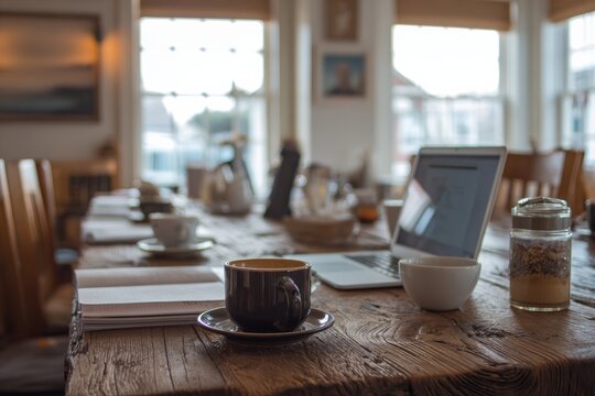 Small business networking breakfast meeting with coffee cups and laptops, natural light from windows