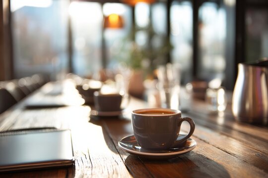 Small business networking breakfast meeting with coffee cups and laptops, natural light from windows