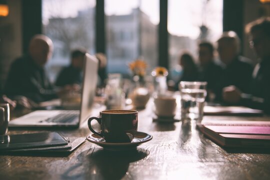 Small business networking breakfast meeting with coffee cups and laptops, natural light from windows