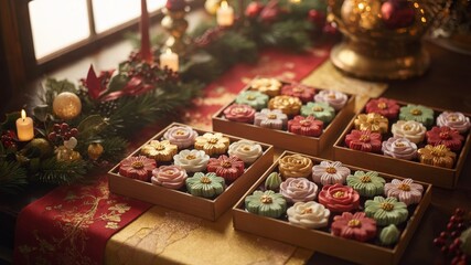 Fototapeta premium Wagashi flower dessert box on festive Christmas table