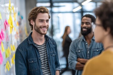 Startup team brainstorming session in a modern coworking space, sticky notes on wall, candid mid discussion moment