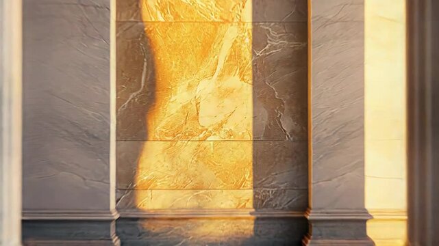 Classical marble columns receiving golden sunlight reflection