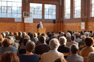 Obraz premium Town hall community meeting in a school gymnasium, audience listening attentively to speaker at podium, natural daylight