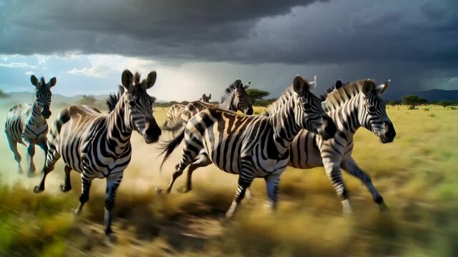 A herd of zebras galloping through a grassy landscape under a dramatic stormy sky, capturing the raw energy of wildlife in motion