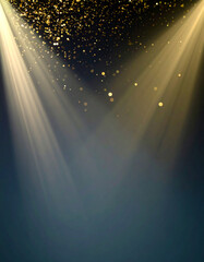 Golden spotlight with sparkling dust particles on dark stage background