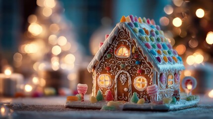 Illuminated gingerbread house decorated with colorful candies and icing on a festive christmas eve table