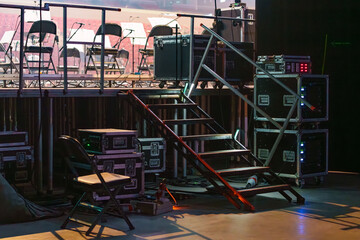 Stage stairs assembled for performers and crew to reach different levels of the concert stage during live events