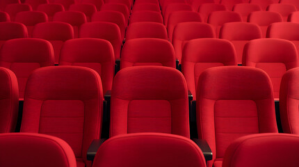 Fototapeta premium Rows of plush red seats await in a grand theater or auditorium, perfect for showcasing entertainment, performances, or corporate presentations