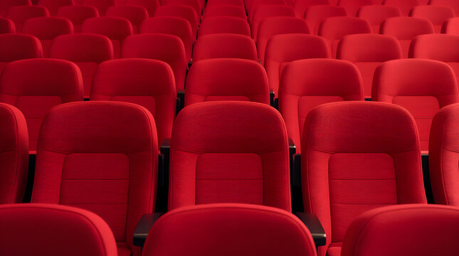 Rows of plush red seats await in a grand theater or auditorium, perfect for showcasing entertainment, performances, or corporate presentations