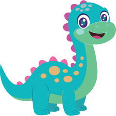 Cute Teal Blue Cartoon Dinosaur With Pink Spikes And Orange Spots Smiling With Big Eyes And Happy Expression Isolated On White Background