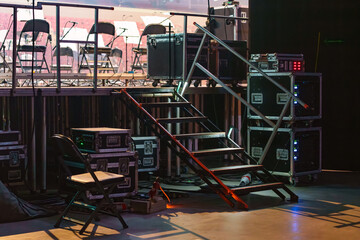 Stage stairs assembled for performers and crew to reach different levels of the concert stage during live events