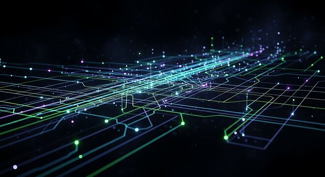 Digital circuit board network design with glowing nodes and lines