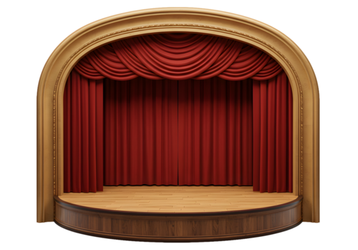 Dramatic stage with red velvet curtains, perfect for theatrical performances, presentations, or digital backdrops evoking elegance and anticipation, ready for talent