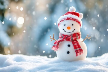 Merry christmas and happy new year greeting card with copy-space. Happy snowman standing in winter christmas landscape. Snow background