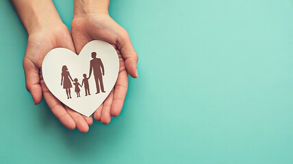 Hands holding heart with family symbol representing love care and protection