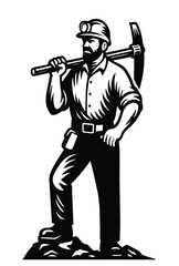 Black and white illustration of a determined miner holding a pickaxe.