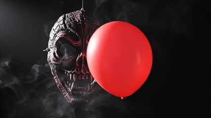 Creepy Mask And Red Balloon In Smoky Dark Room Creating Eerie Atmosphere With Low Lighting And Suspenseful Mood Highlighting Horror Themes