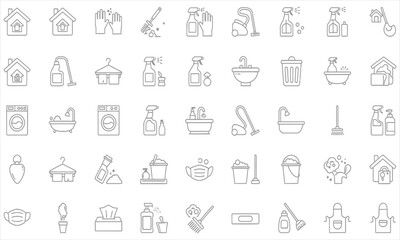 Set of household cleaning icons featuring home maintenance and hygiene tools