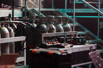 CO2 canisters and related equipment stored backstage for stage and special effects during live concerts and performances