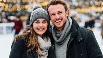 Happy couple walking in winter city street decorated with Christmas lights. Smiling man and woman in coats, scarves and hats during snowfall. Romantic festive moment.