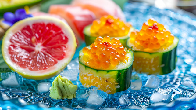 Creative sushi rolls with orange caviar and grapefruit on ice plate