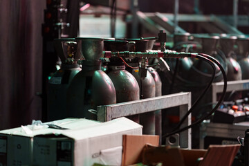 CO2 canisters and related equipment stored backstage for stage and special effects during live concerts and performances