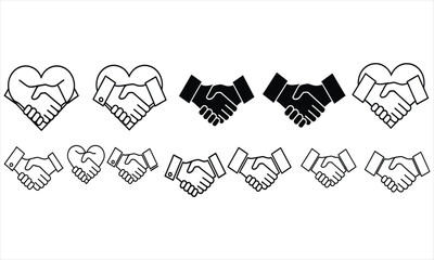 Handshake vector icons symbolizing trust, cooperation, and partnership with a heart shape overlay for added warmth