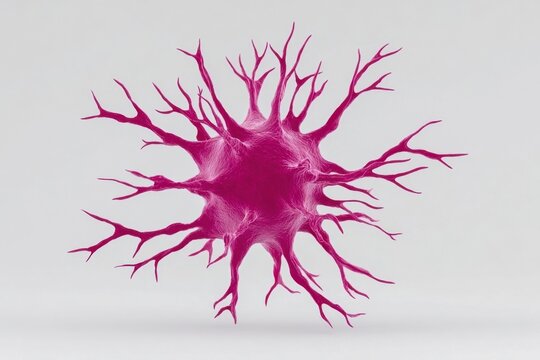 Cancer Cells. Oncology. Magenta Neuron Cell Illustration on White Background, Modern Scientific Visualization for Medical Purposes.