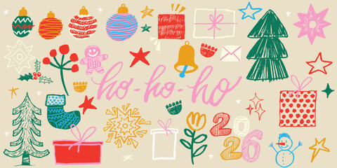 Hand drawing colored cute christmas doodle. Fashionable items for cozy winter. Hand drawn vector elements, Christmas tree, gift boxes, twig, gingerbread, snowflake, Christmas toy. Winter collection.