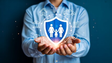 Hands holding glowing shield with family icons representing insurance protection
