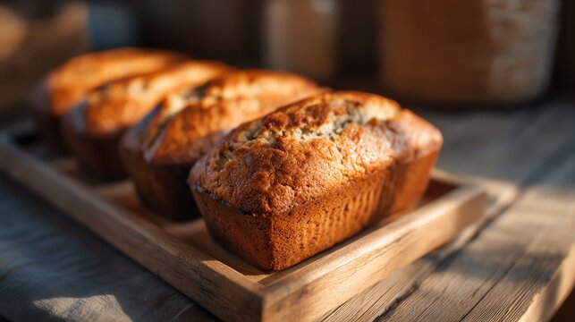 Freshly baked banana bread slices, sunlight through window, vegan comfort dessert concept