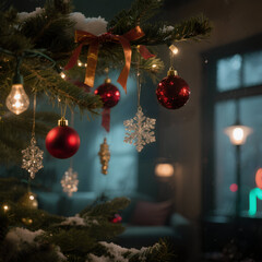 Christmas Tree with Red and Gold Ornaments &ndash; Cozy Festive Holiday Background