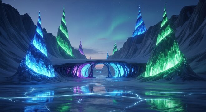 Mystical aurora borealis over a frozen wonderland with crystalline structures and iridescent bridge - Powered by Adobe
