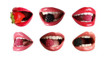 Women holding fresh berries and candies in mouth on white background, closeup. Female lips with different shades of lipstick, collage