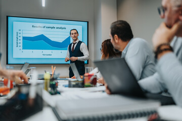 A professional presenter leads a team meeting as a chart highlights results on a large screen.