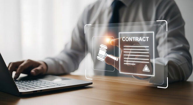 Businessman working on laptop with virtual display of contract, legal and compliance process. - Powered by Adobe