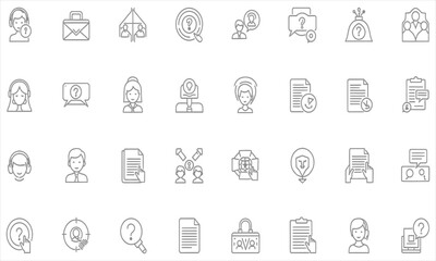 Modern line icon set illustrating diverse business processes, human resources, customer service interactions, and essential data management functions for digital design