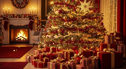 Warm and inviting living room scene with a beautifully decorated Christmas tree, a pile of wrapped presents, and a cozy fireplace
