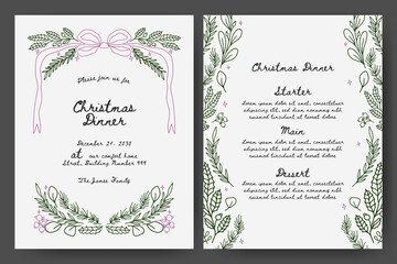 Christmas dinner invitation with branches, ribbon bow, winter floral frame. Minimalist vintage line art style perfect for invitation, card, greetings, menu or cover.