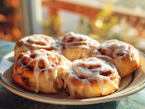 Vegan cinnamon rolls with icing drizzle, soft morning light, cozy homemade dessert