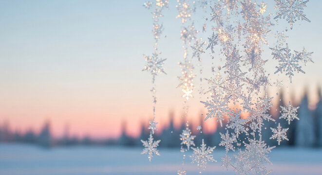 Close-up of hanging snowflake decoration with blurred winter landscape, symbolizing winter beauty, coldness, and the holiday season, Christmas theme