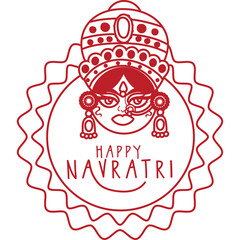 Navratri Celebration Outline Illustration Of Goddess Durga Face With Traditional Indian Jewelry And Festive Greetings Red On Transparent Background