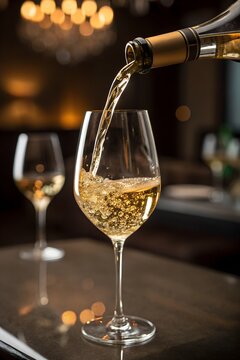 White wine being poured into a glass in an elegant setting.