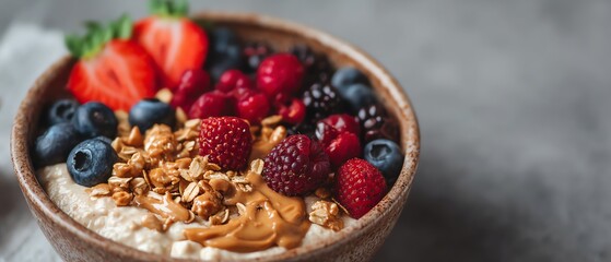 Vegan peanut butter smoothie bowl with granola, daylight tones, creamy comfort concept