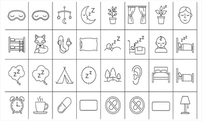 Sleepy time icons set depicting sleep aids, bedtime rituals, dreams, and relaxation in a linear style