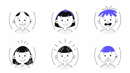Six cartoon faces with different hairstyles and expressions in black and white and purple tones