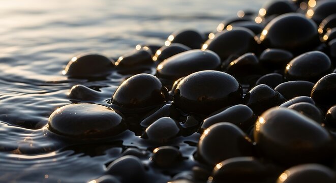 Polished pebbles along the serene shoreline at soft sunset light