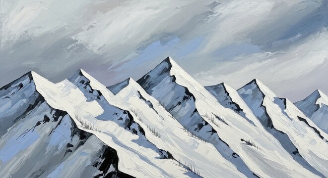 Majestic snow-covered mountain peaks painting evokes the serenity of the alpine winter environment