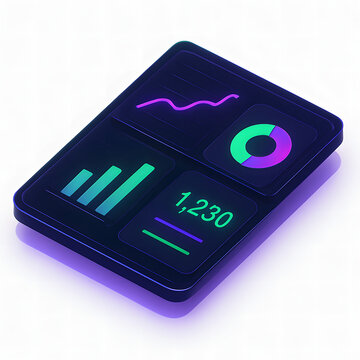 Minimal Flat Isometric UI Dashboard. Dark Mode Business Dashboard &ndash; Neon Purple Green Edition. Isometric 3D Dashboard with Business Data Visualization and Reporting Interface